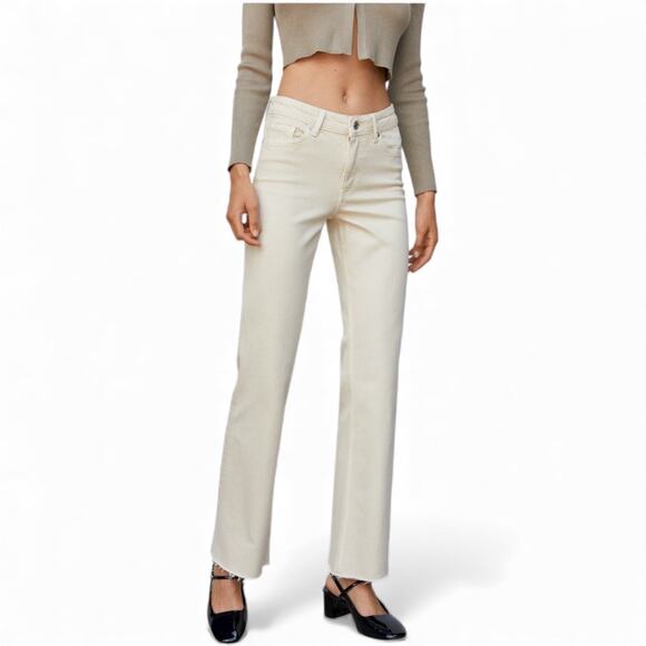 Mango Women's Medium Rise Flared Leg Frayed Hem Ecru Beige Jeans Denim - Size 2 - Picture 1 of 9